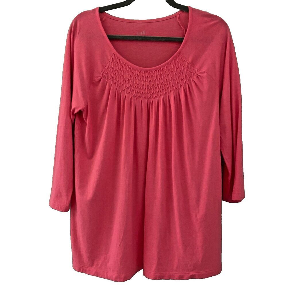 J Jill Shirt MEDIUM Pink Diamond Smocked Casual Stretch T-Shirt Boho Blouse